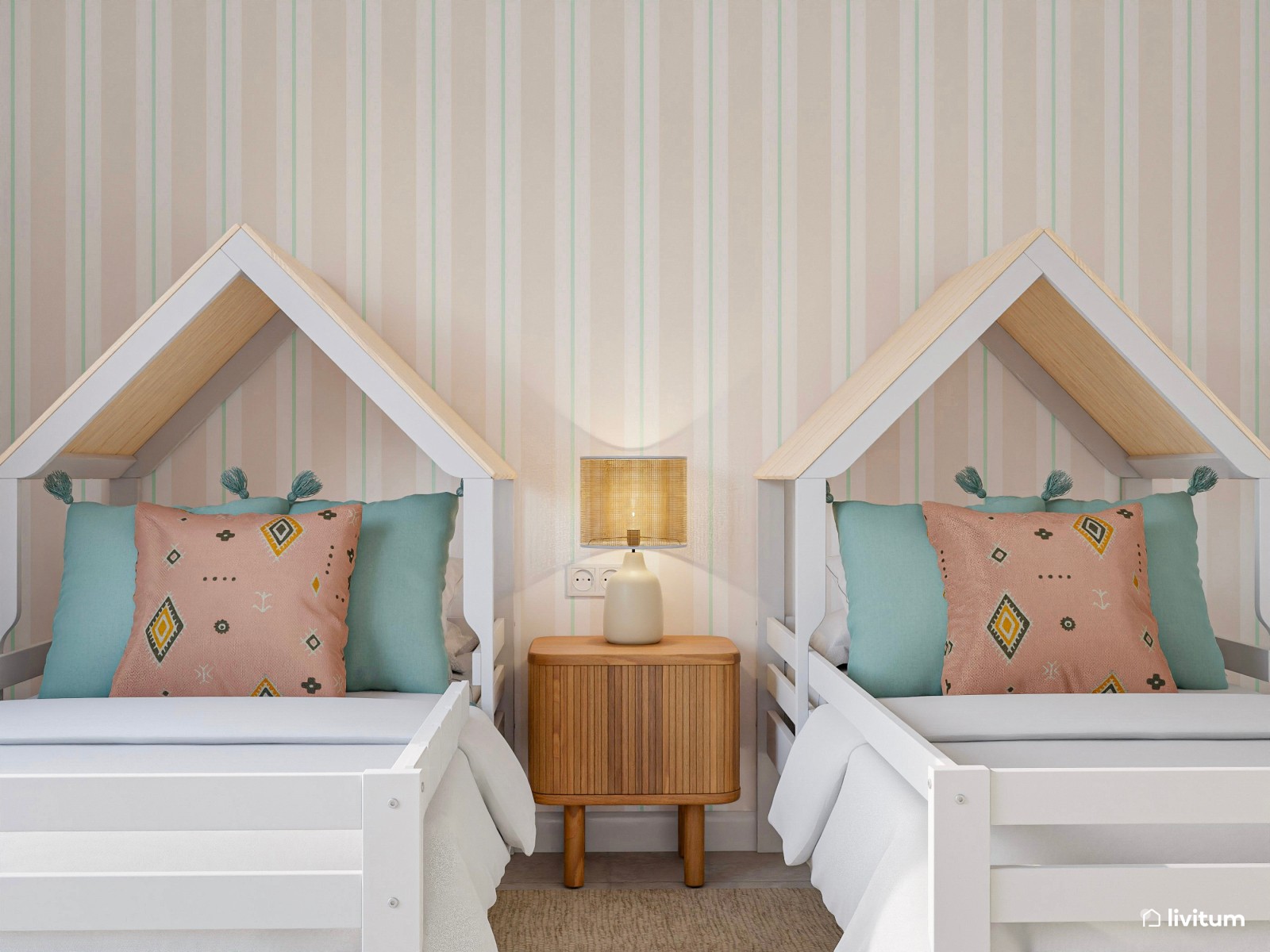 Divertida habitación infantil con camas en forma de casita