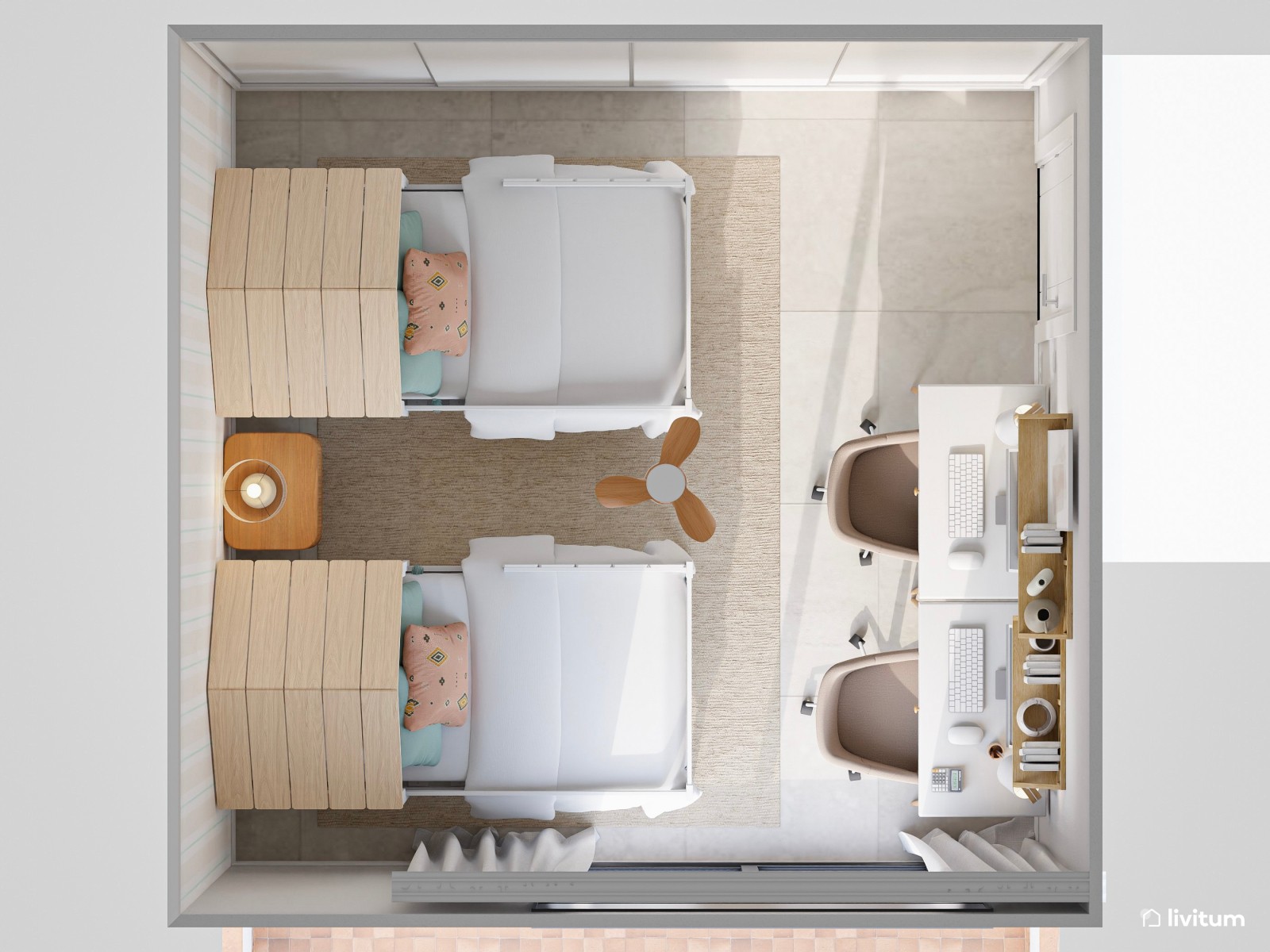 Divertida habitación infantil con camas en forma de casita