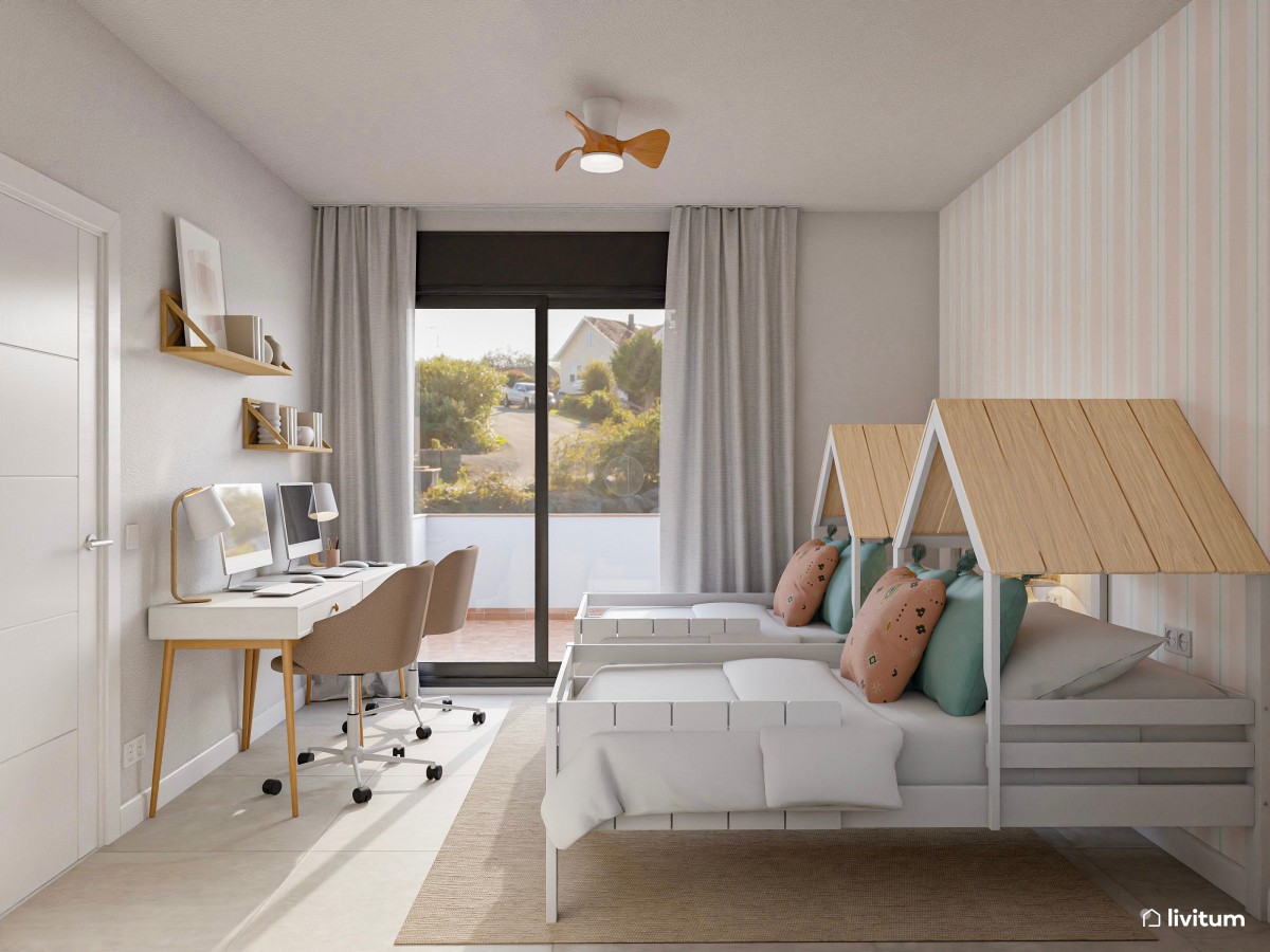 Divertida habitación infantil con camas en forma de casita