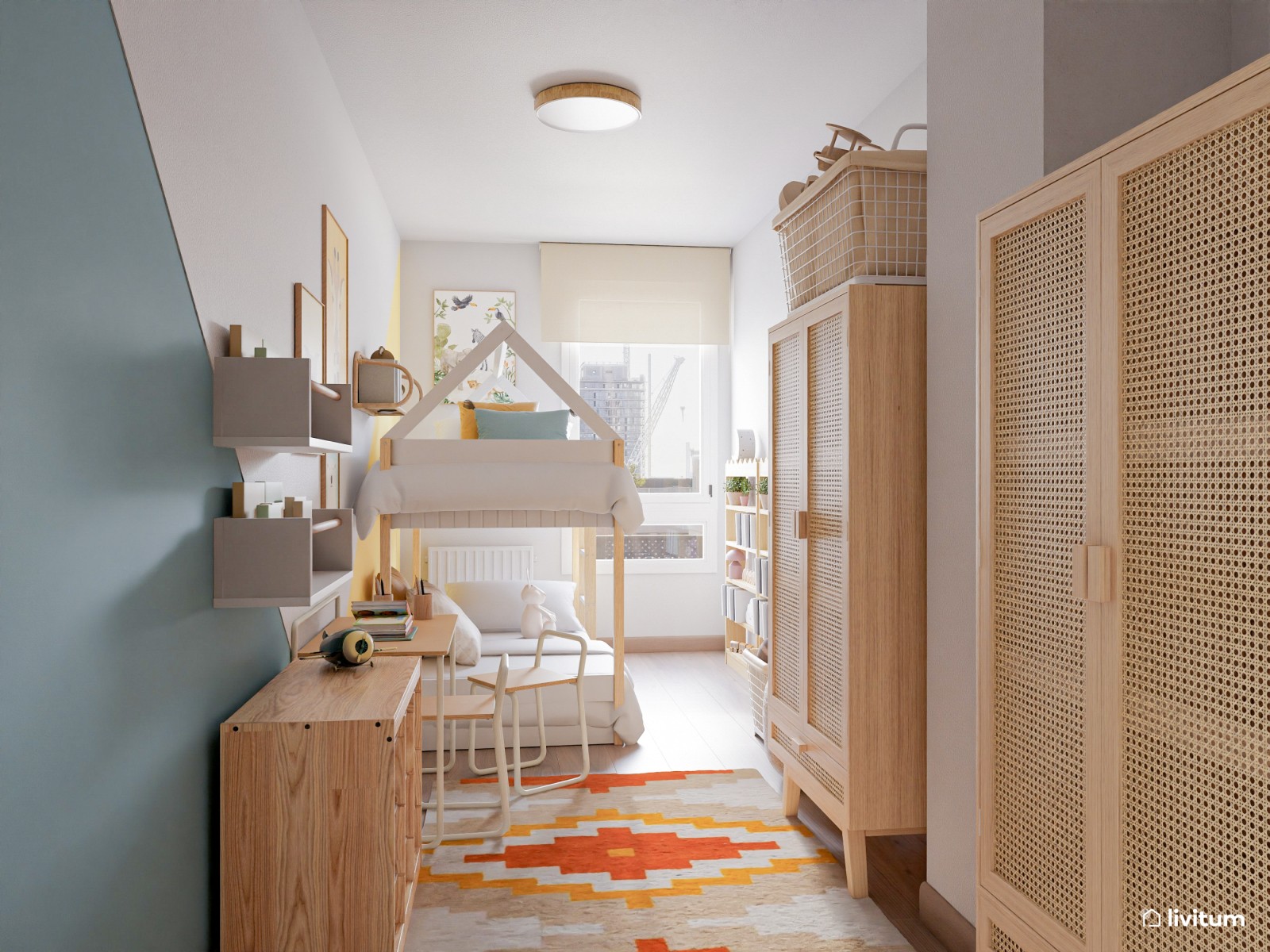 Divertida habitación infantil con litera en tonos amarillo y azul