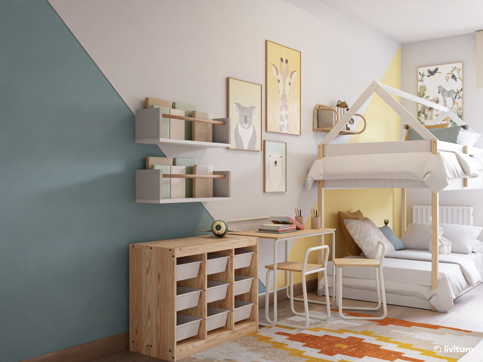 Divertida habitación infantil con litera en tonos amarillo y azul