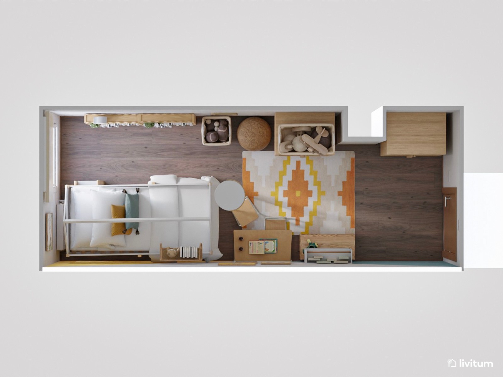 Divertida habitación infantil con litera en tonos amarillo y azul