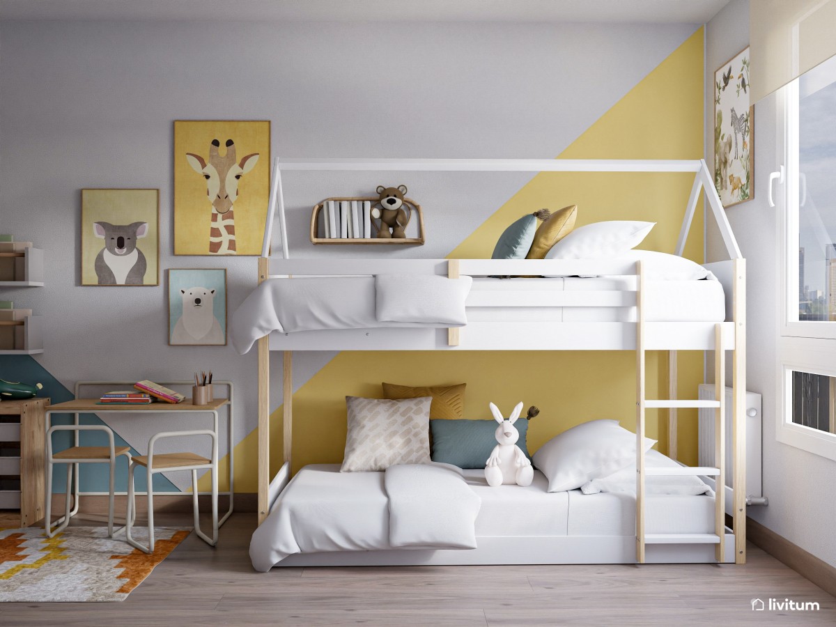 Divertida habitación infantil con litera en tonos amarillo y azul