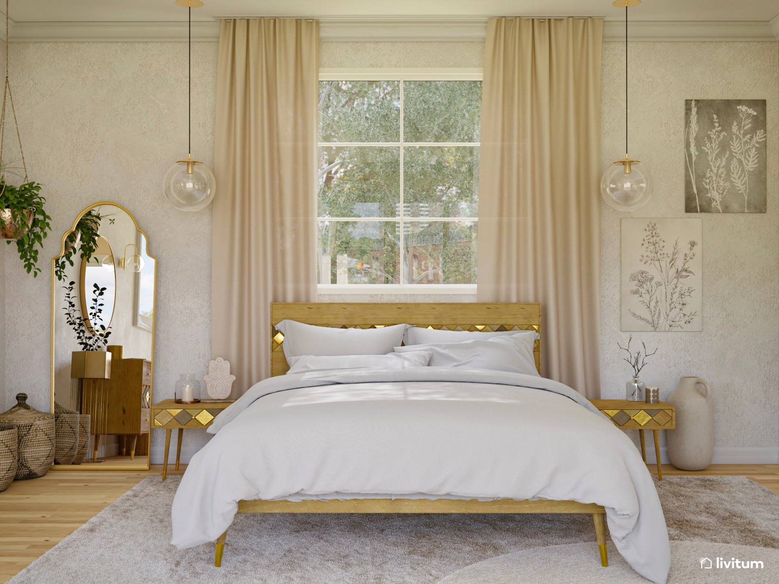 Dorado, madera y verde para este dormitorio 
