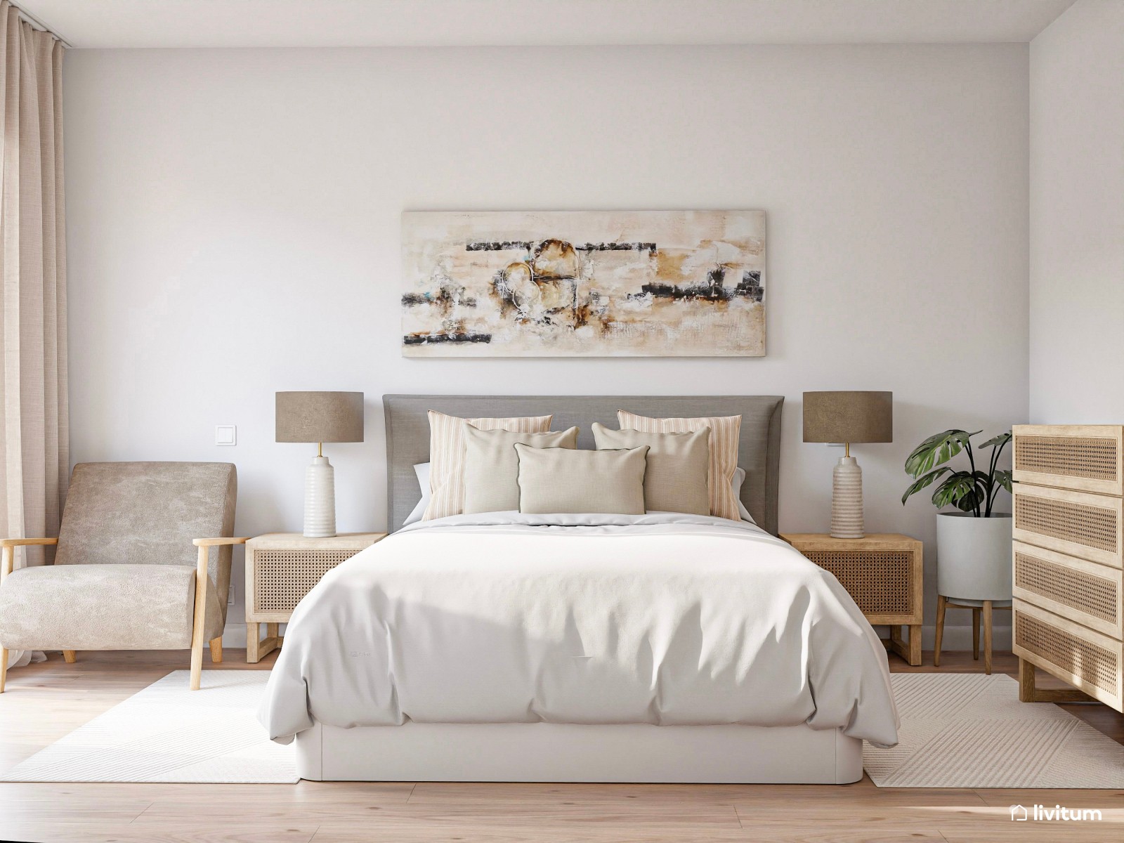 Dormitorio acogedor con muebles de madera y ratán 