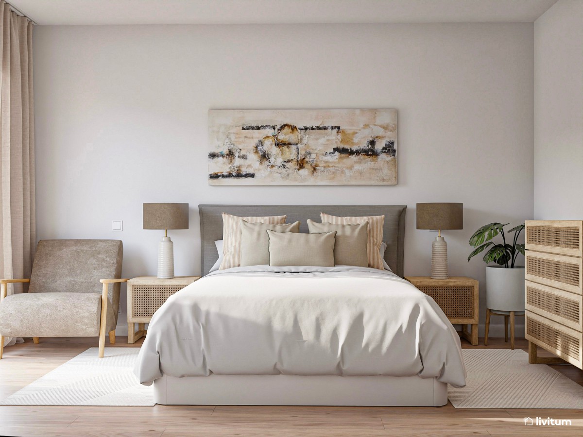 Dormitorio acogedor con muebles de madera y ratán