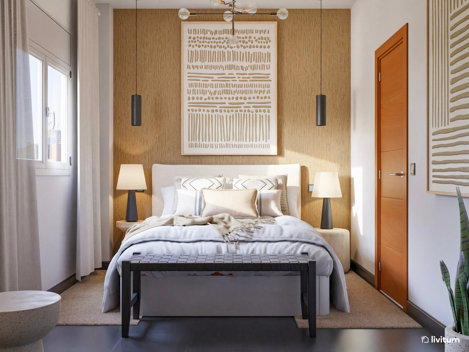 Dormitorio alargado de decoración boho y terminaciones modernas