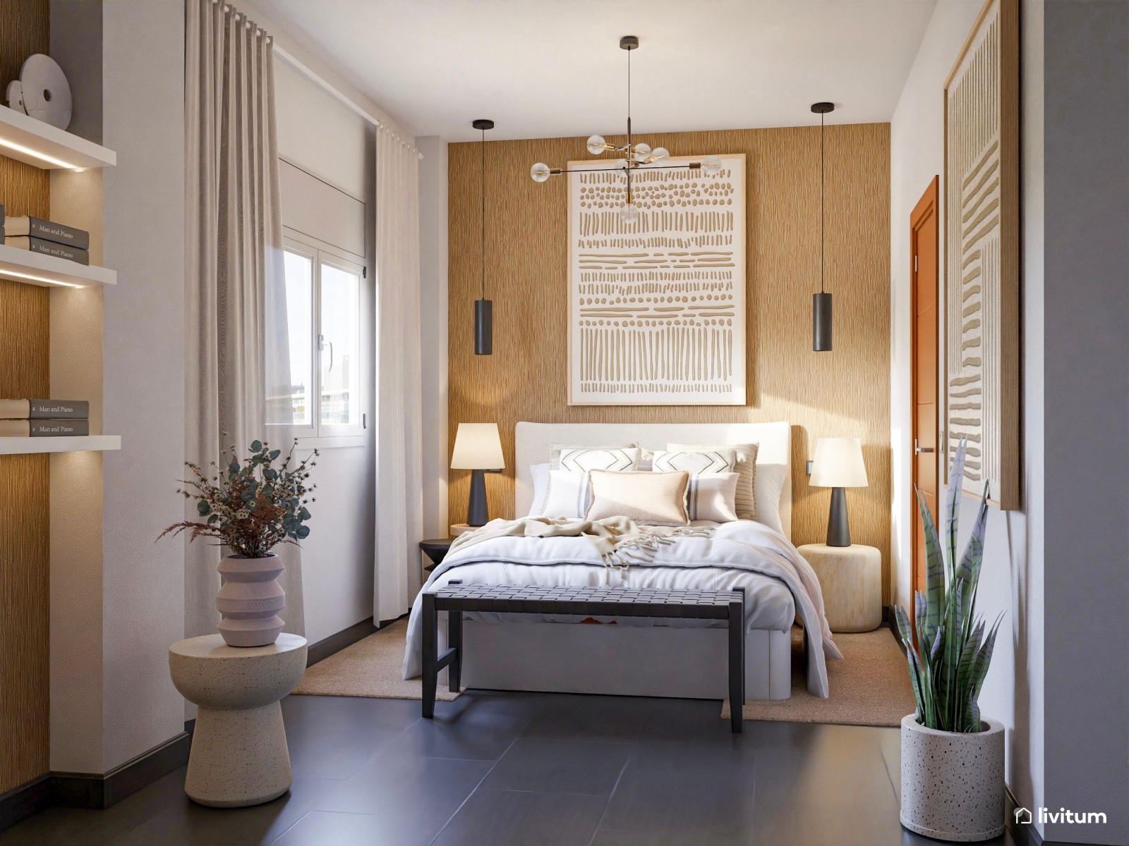 Dormitorio alargado de decoración boho y terminaciones modernas