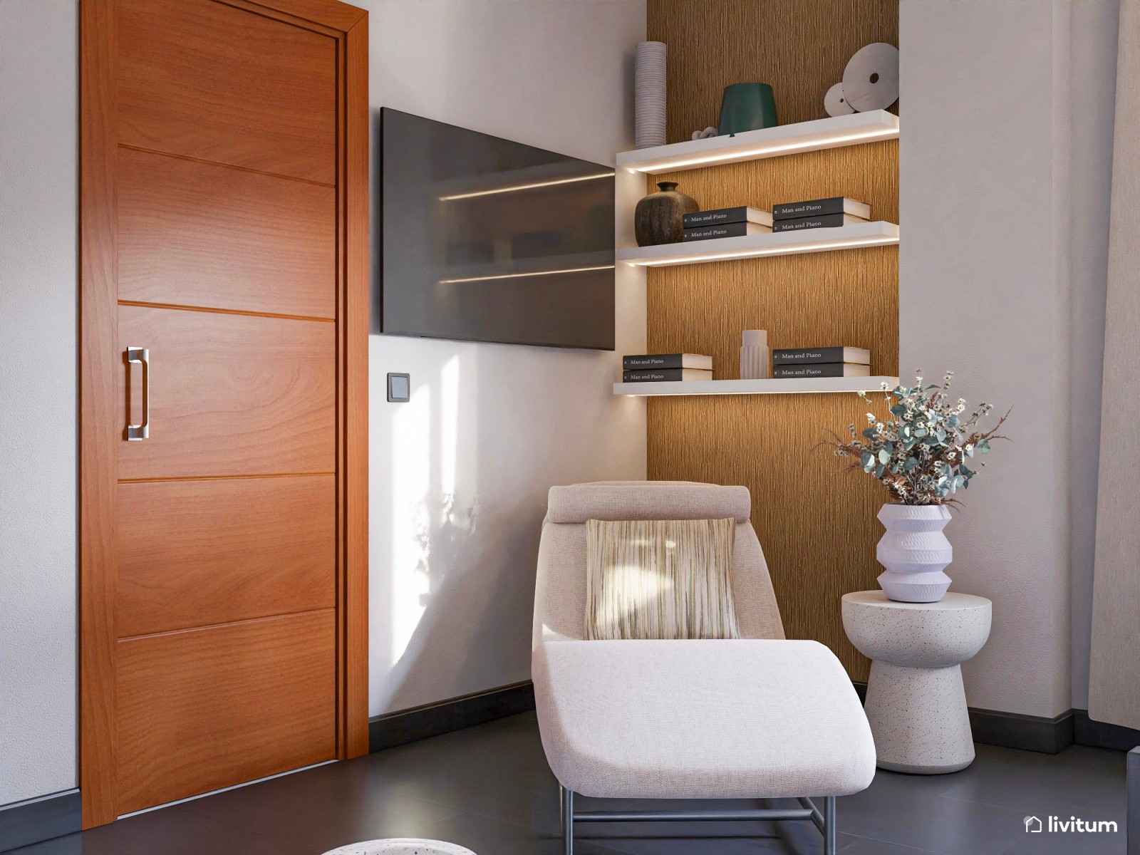 Dormitorio alargado de decoración boho y terminaciones modernas