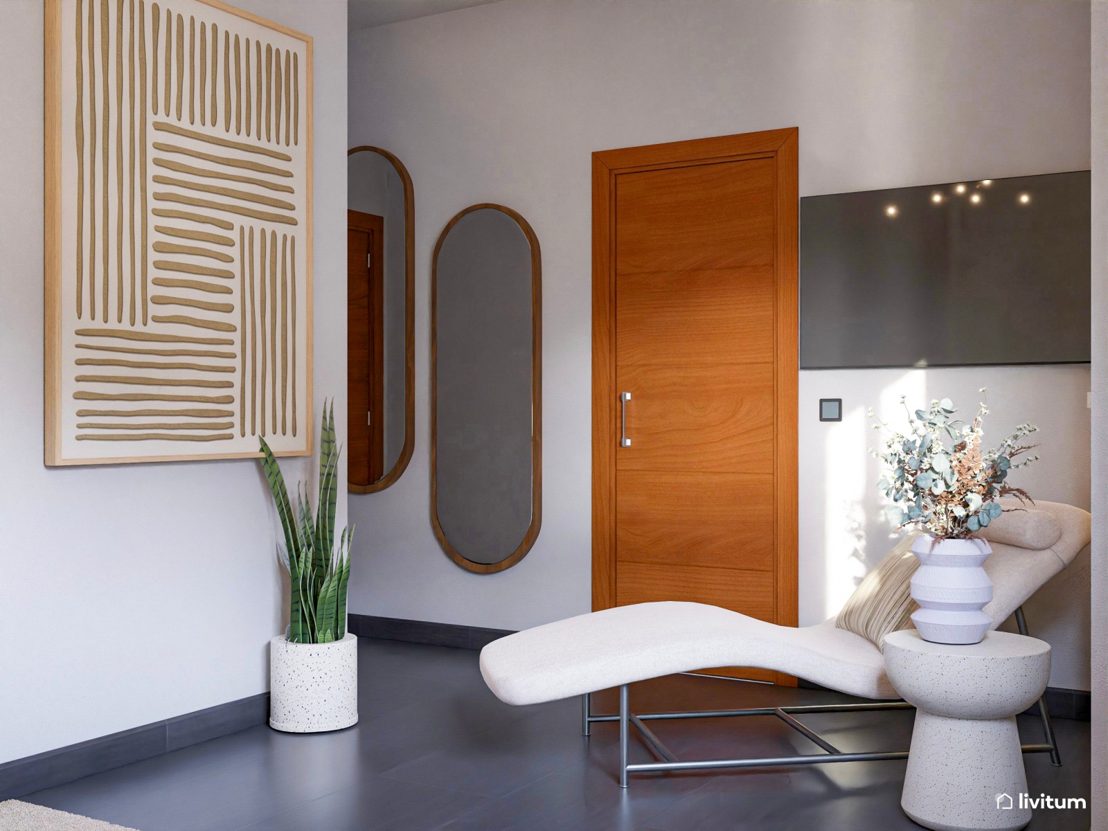 Dormitorio alargado de decoración boho y terminaciones modernas