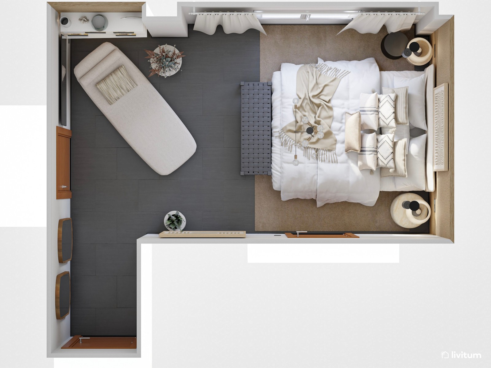 Dormitorio alargado de decoración boho y terminaciones modernas