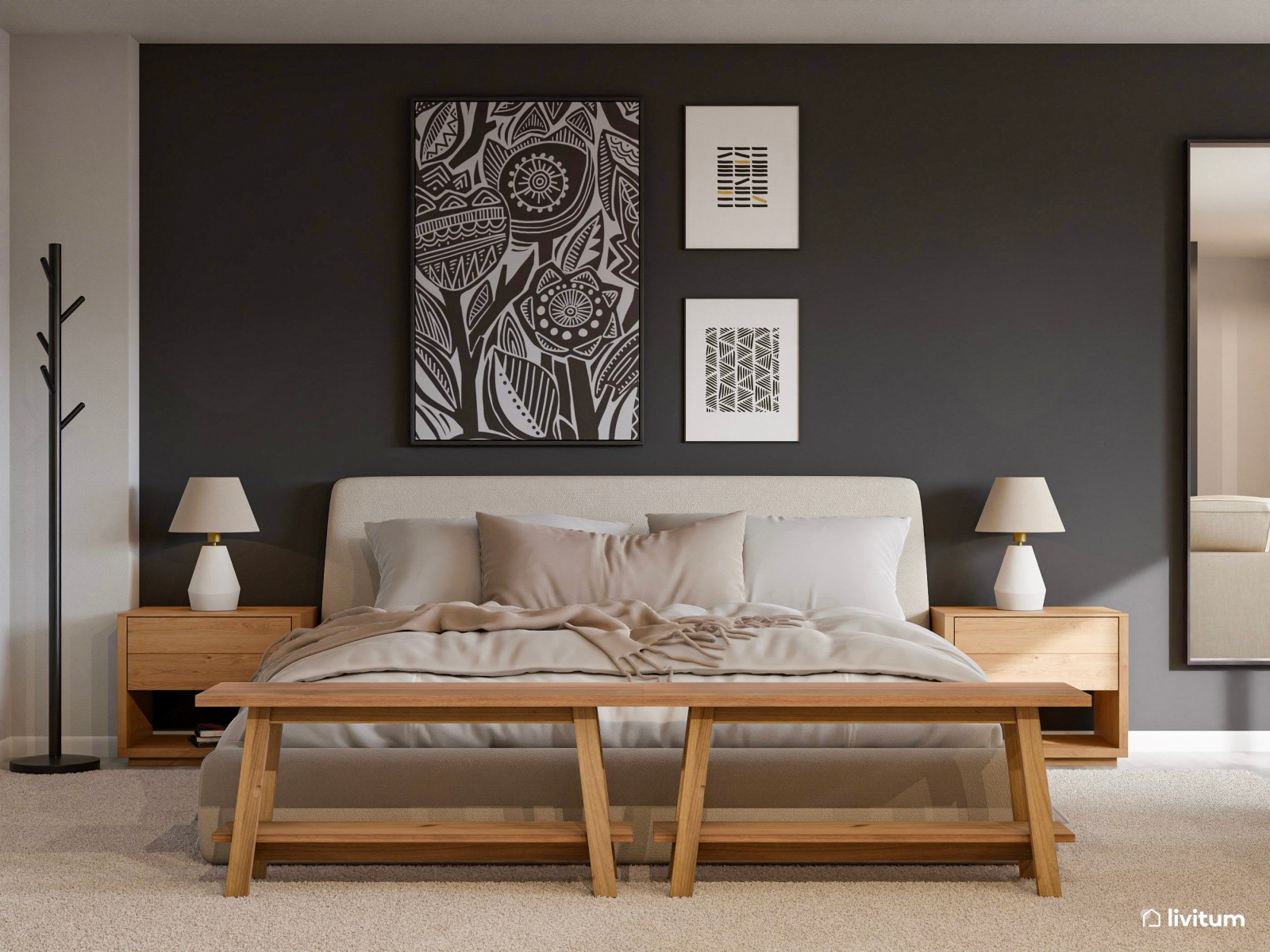 Dormitorio amplio y original con sofá y pared de acento en gris topo 