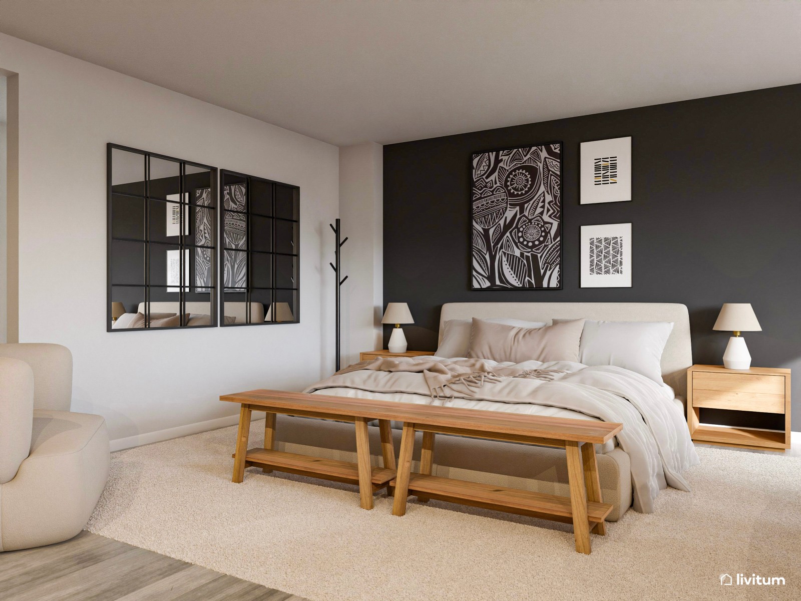 Dormitorio amplio y original con sofá y pared de acento en gris topo 