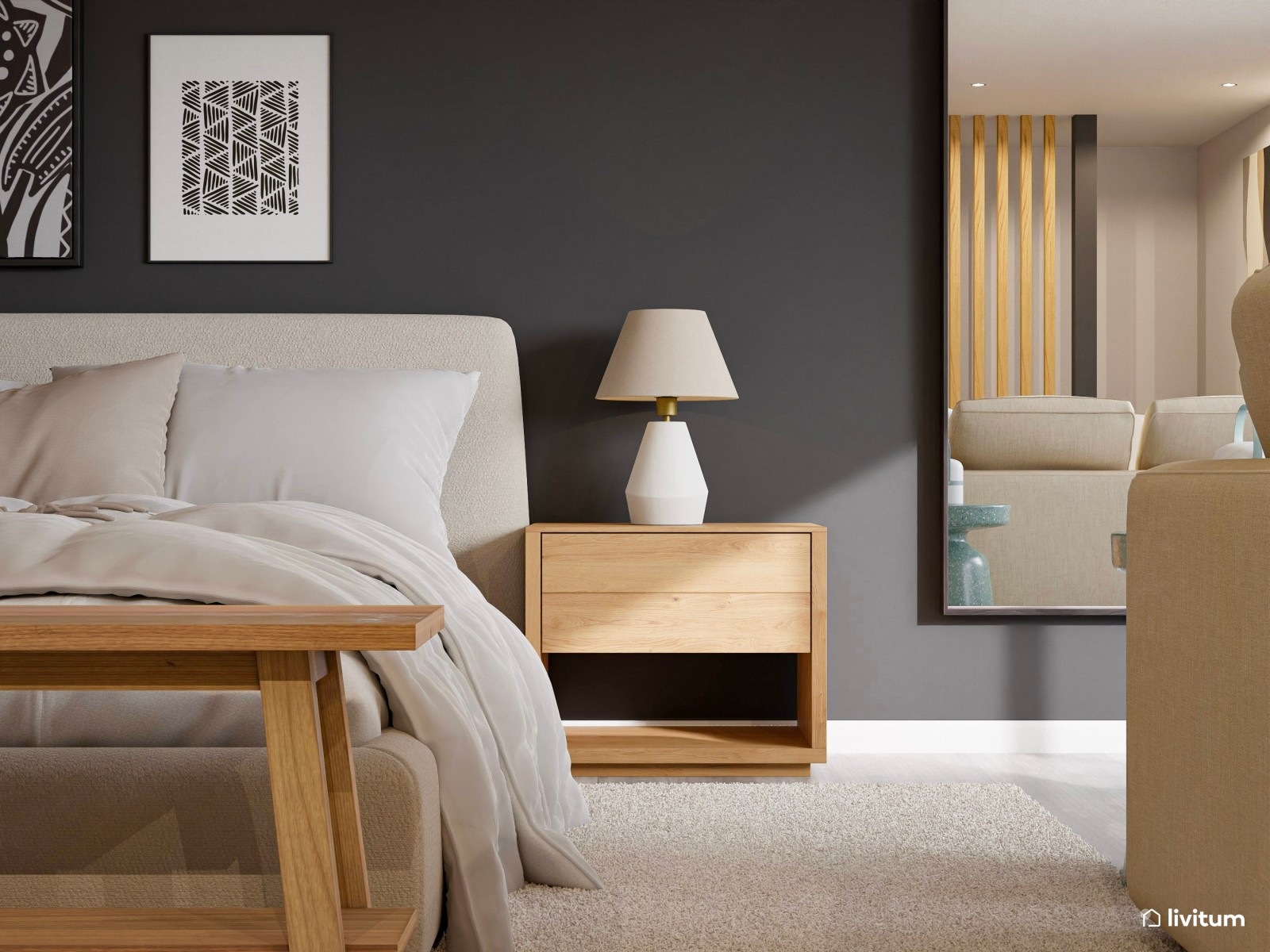 Dormitorio amplio y original con sofá y pared de acento en gris topo 