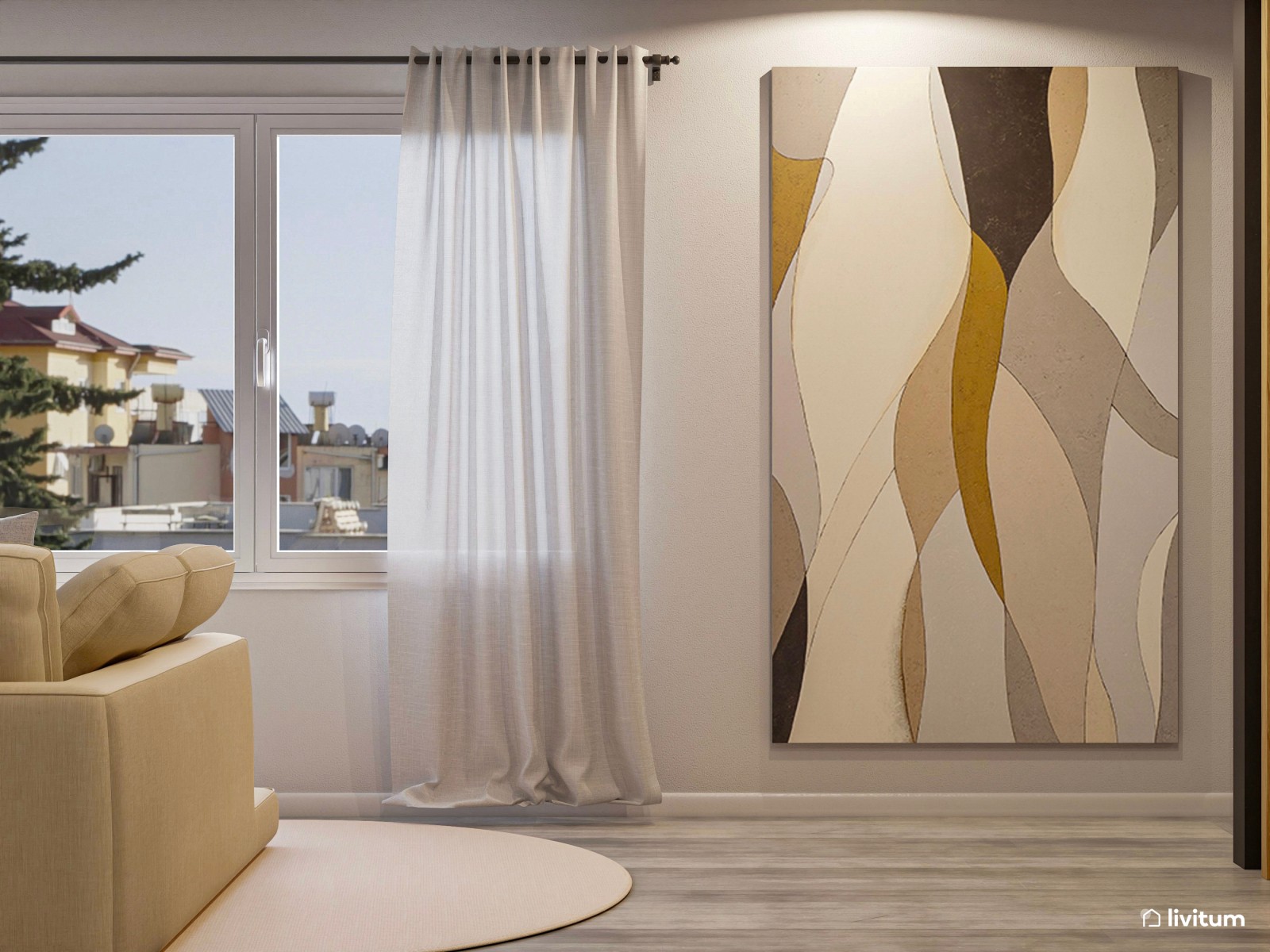 Dormitorio amplio y original con sofá y pared de acento en gris topo 