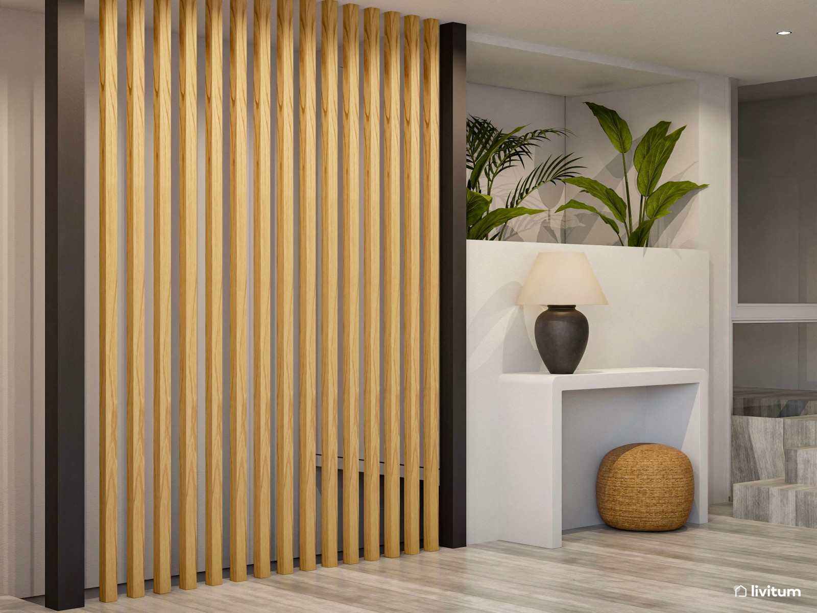 Dormitorio amplio y original con sofá y pared de acento en gris topo 