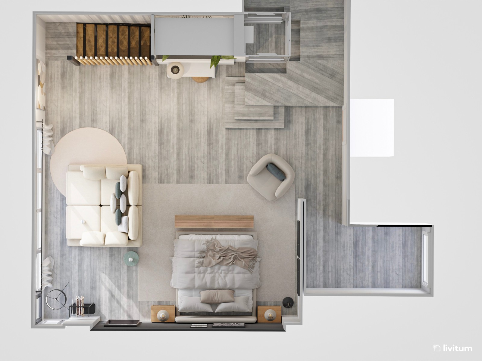 Dormitorio amplio y original con sofá y pared de acento en gris topo 