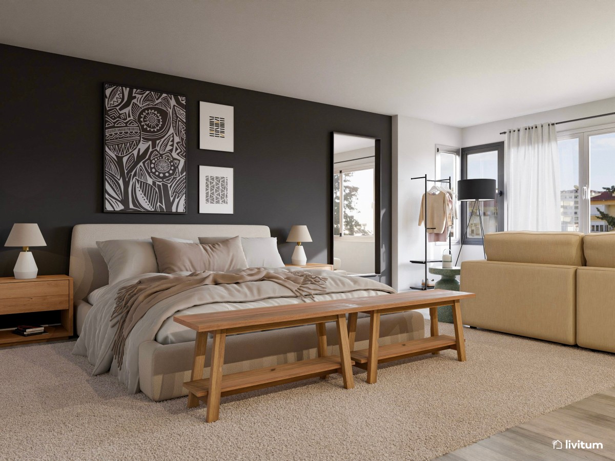 Dormitorio amplio y original con sofá y pared de acento en gris topo