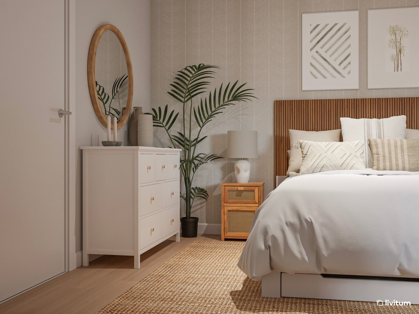 Dormitorio apacible decorado con elegancia natural y fibras orgánicas 