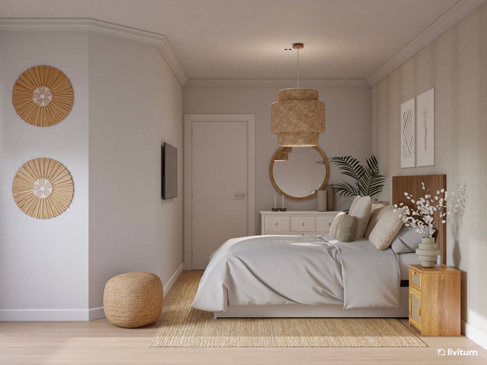 Dormitorio apacible decorado con elegancia natural y fibras orgánicas 
