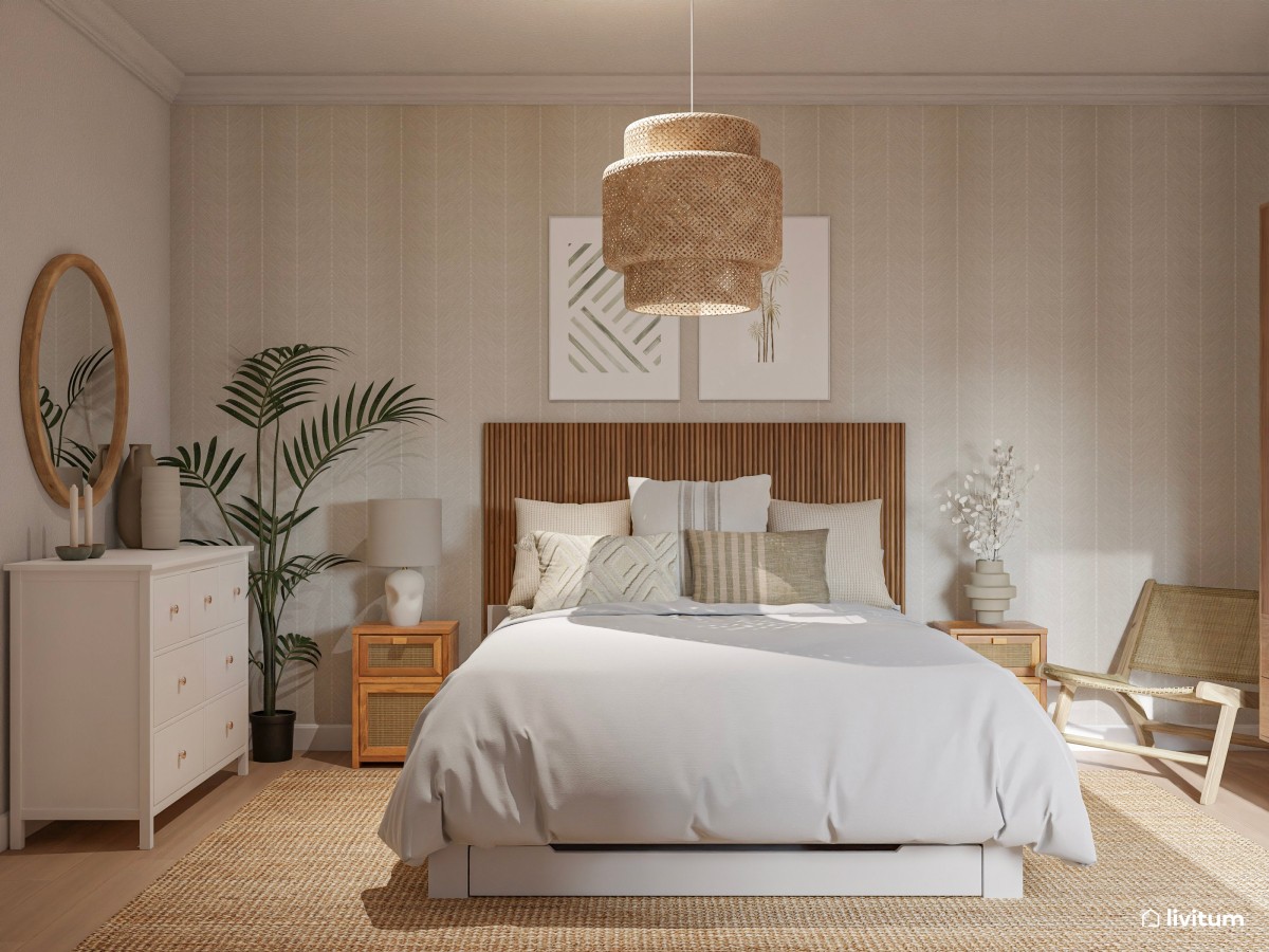 Dormitorio apacible decorado con elegancia natural y fibras orgánicas