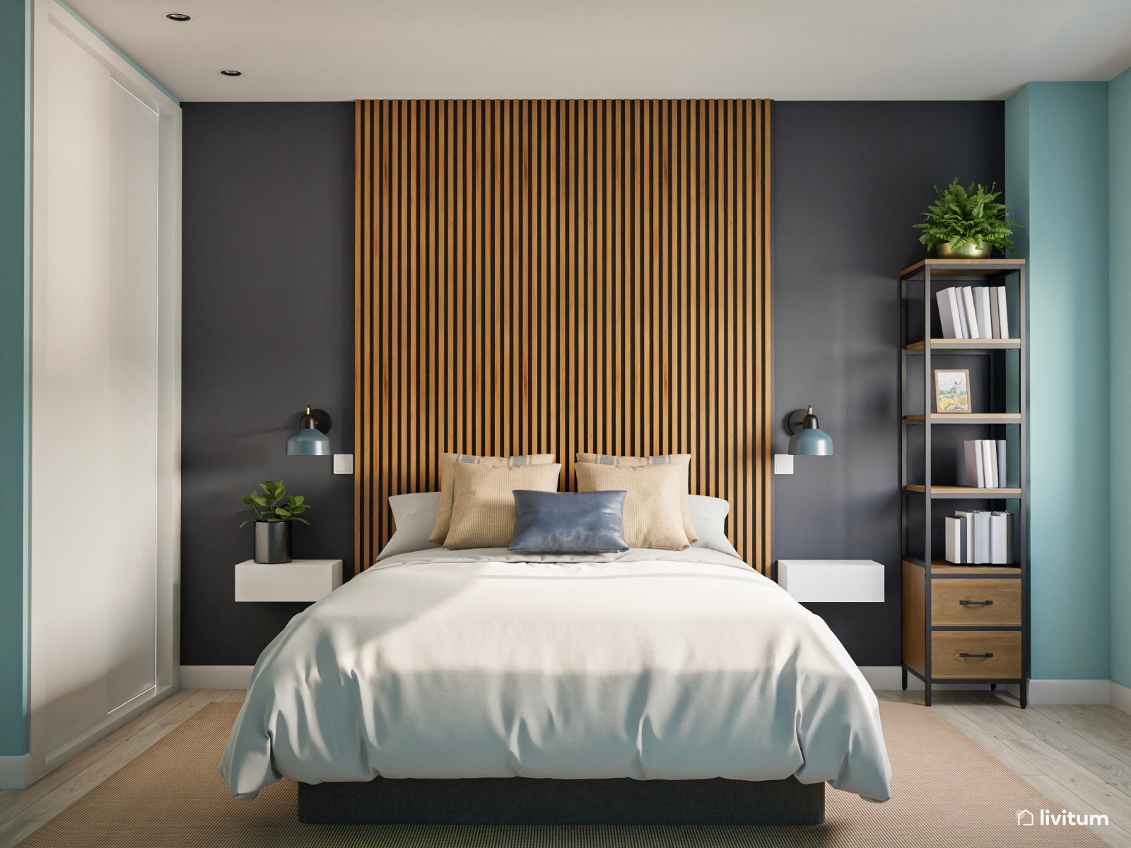 Dormitorio azul verdoso y gris oscuro 