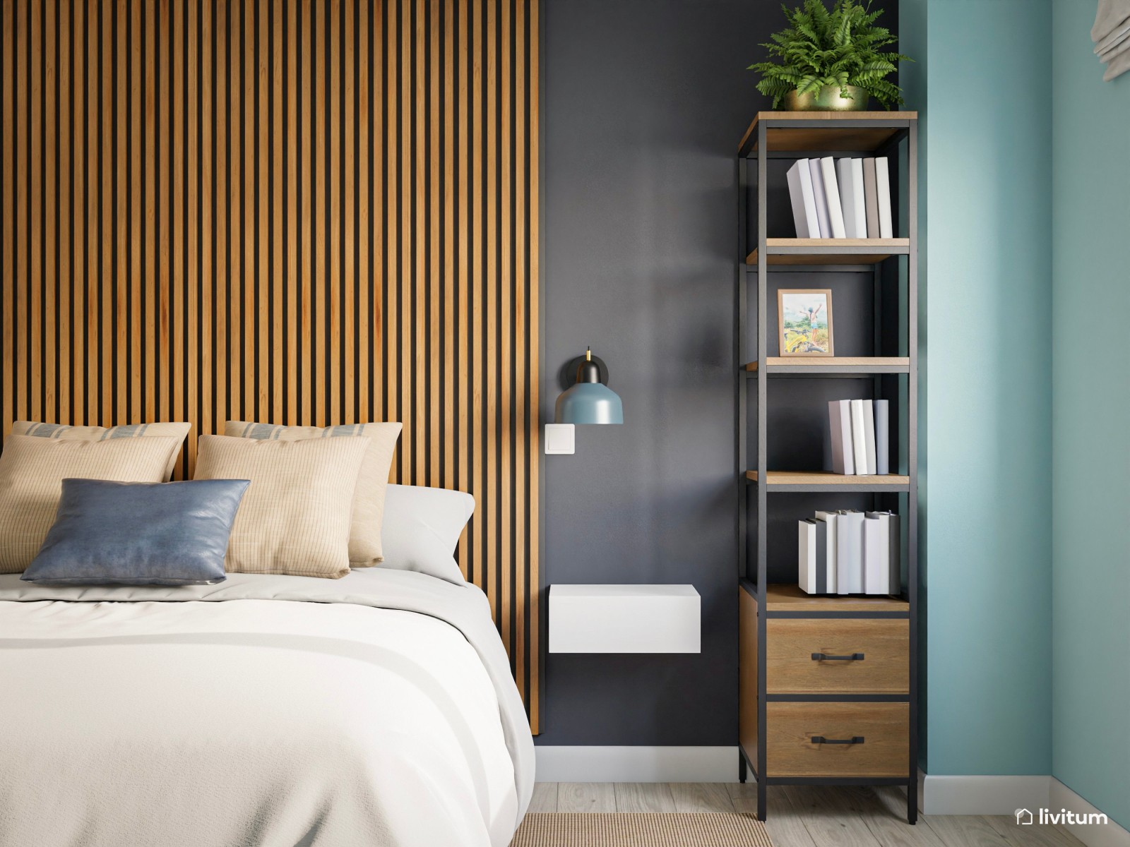 Dormitorio azul verdoso y gris oscuro 