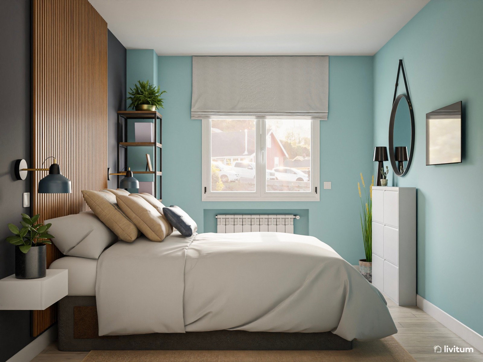 Dormitorio azul verdoso y gris oscuro 