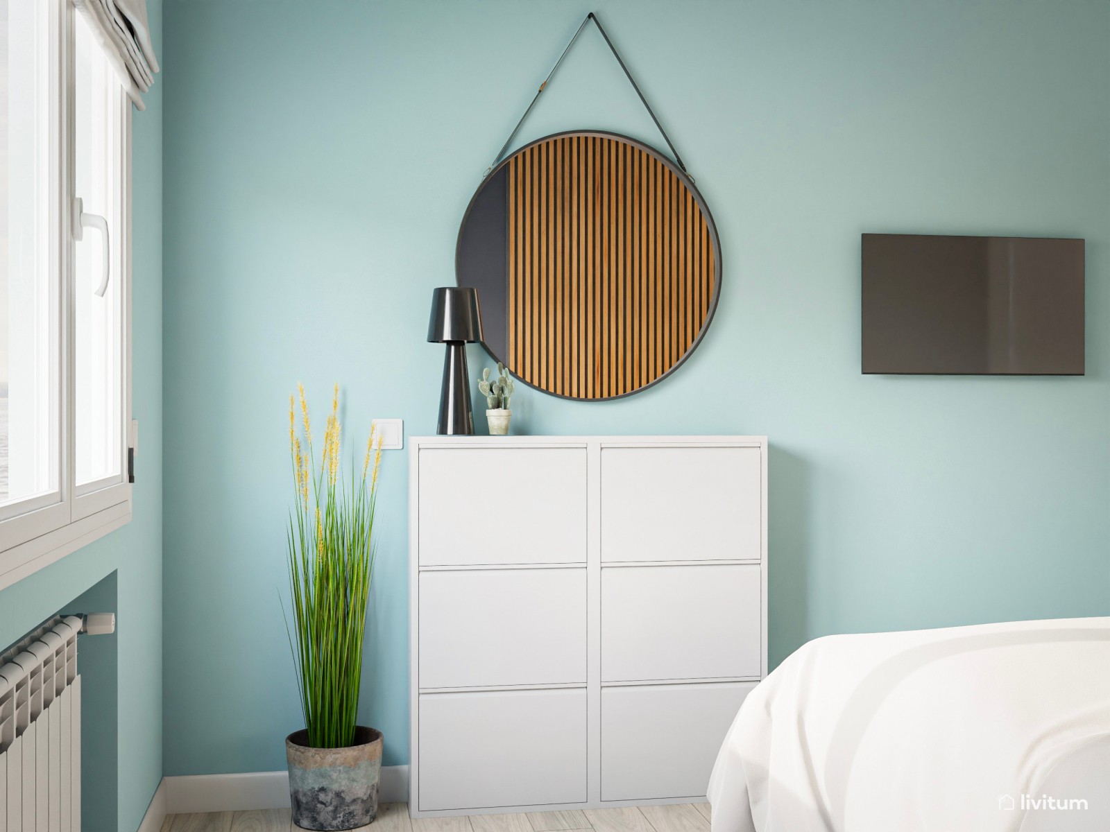 Dormitorio azul verdoso y gris oscuro 