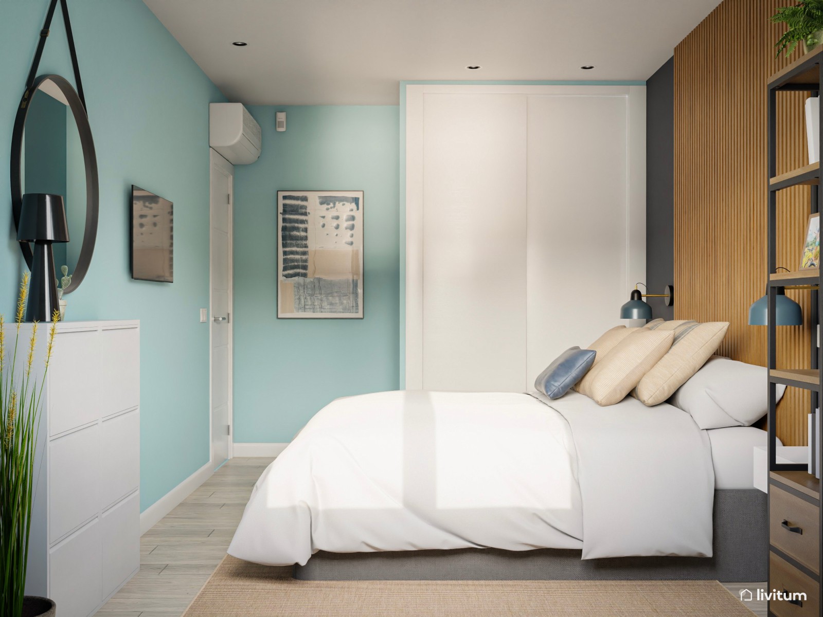 Dormitorio azul verdoso y gris oscuro 