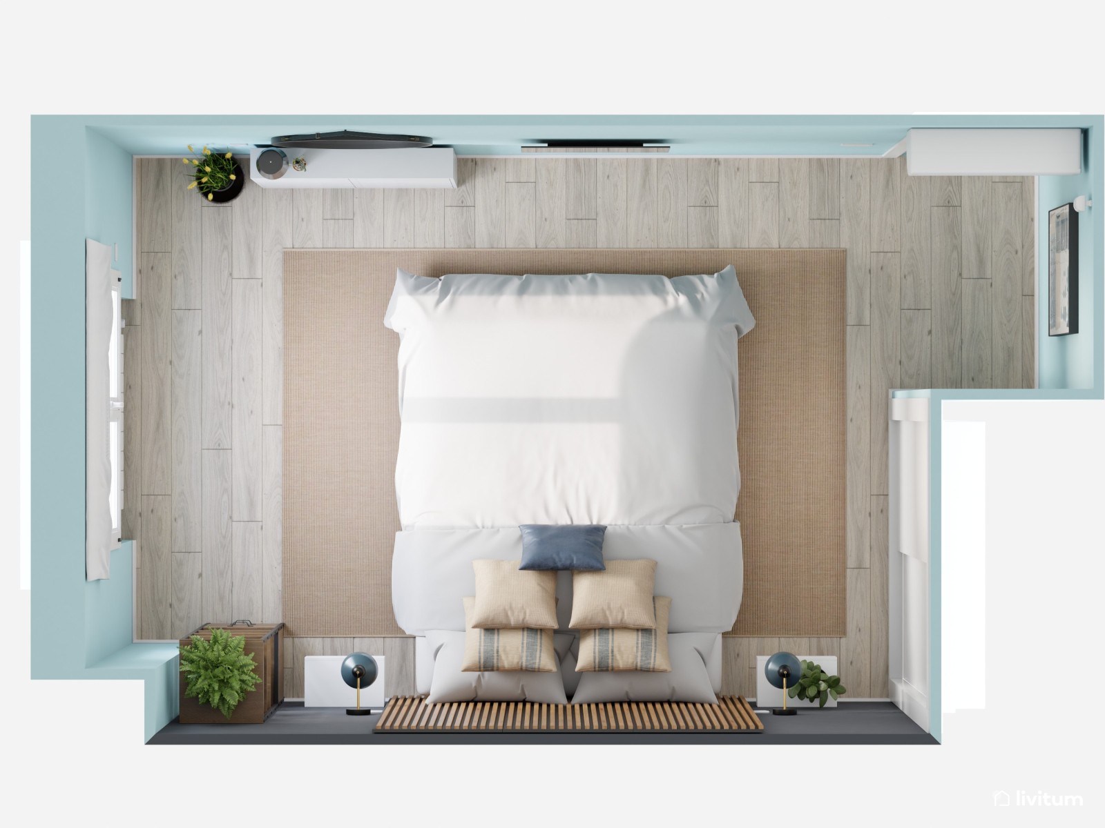 Dormitorio azul verdoso y gris oscuro 