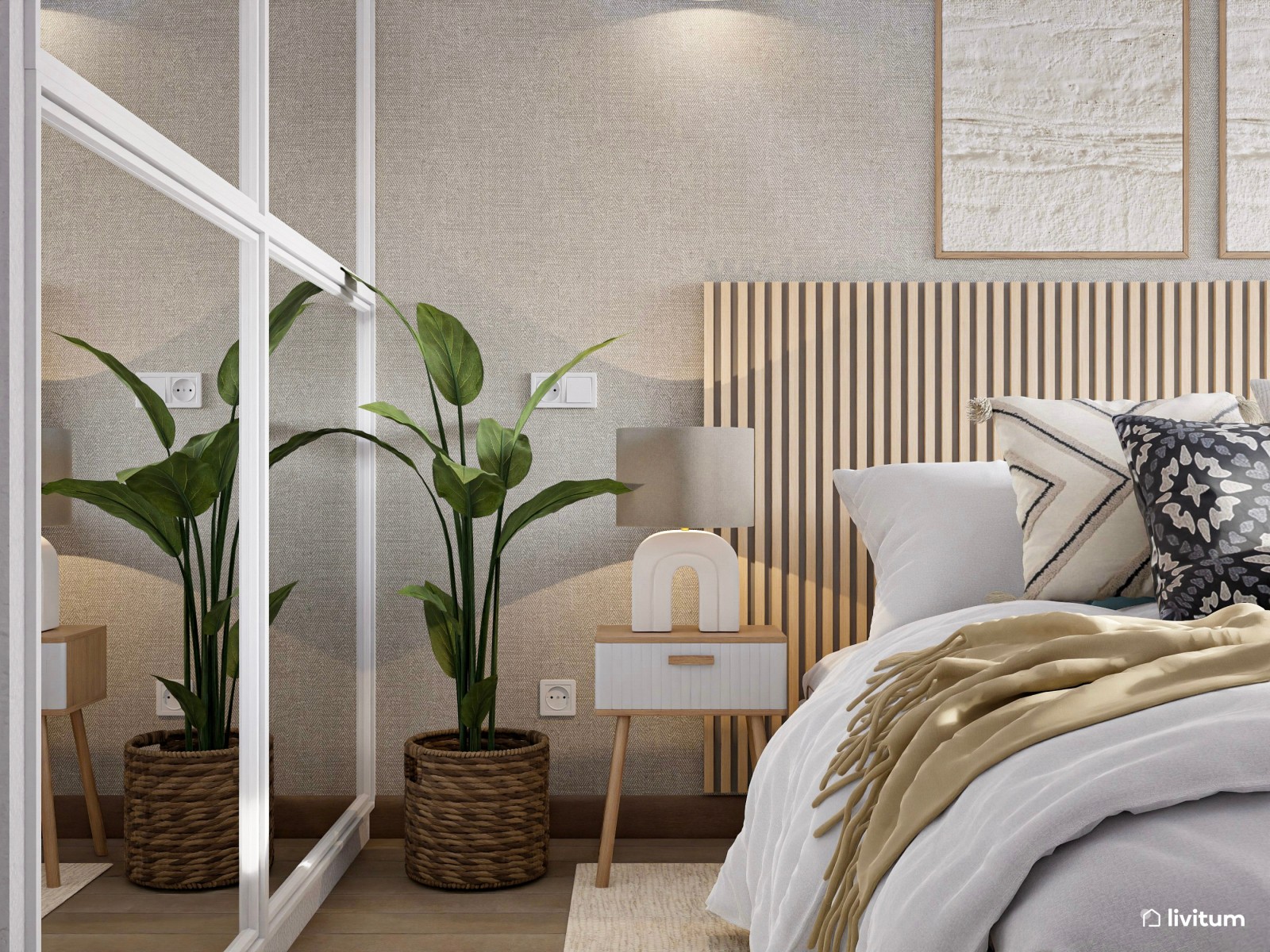Dormitorio blanco con listones de madera y original sillón de borreguito