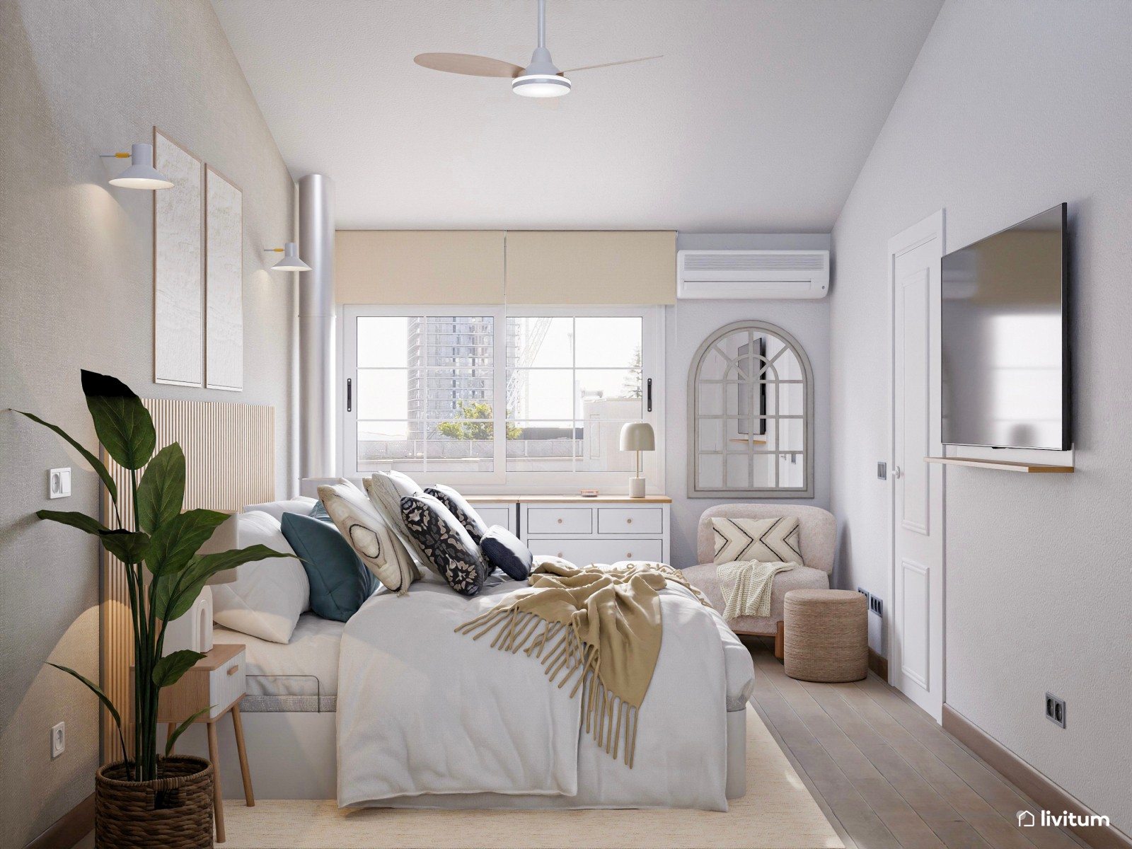 Dormitorio blanco con listones de madera y original sillón de borreguito