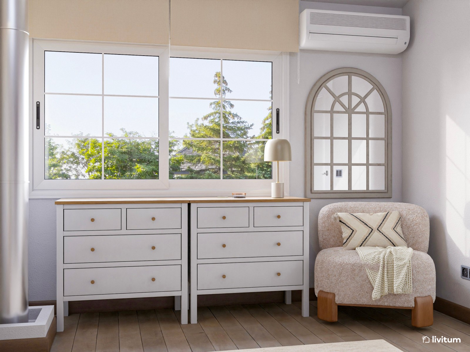 Dormitorio blanco con listones de madera y original sillón de borreguito