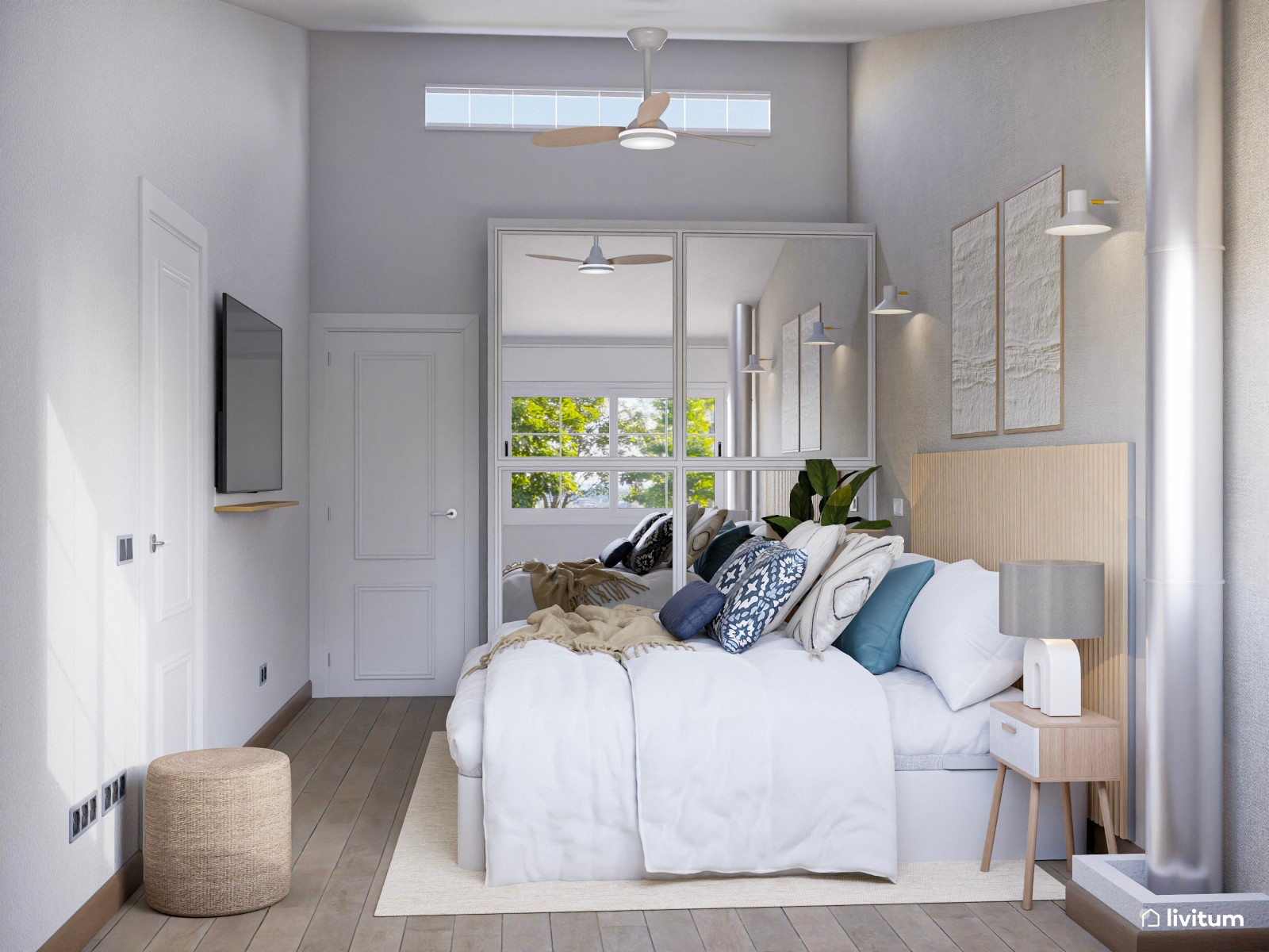 Dormitorio blanco con listones de madera y original sillón de borreguito