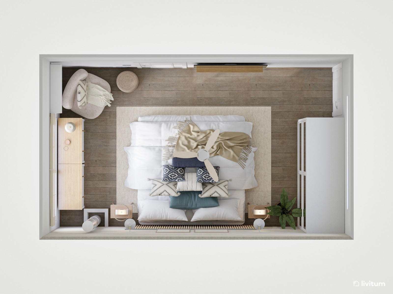 Dormitorio blanco con listones de madera y original sillón de borreguito