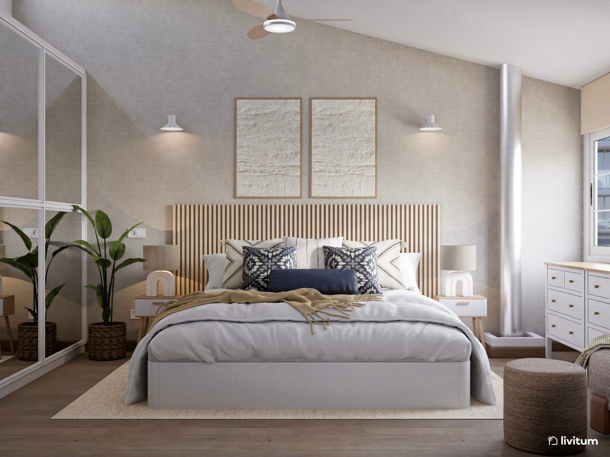 Dormitorio blanco con listones de madera y original sillón de borreguito