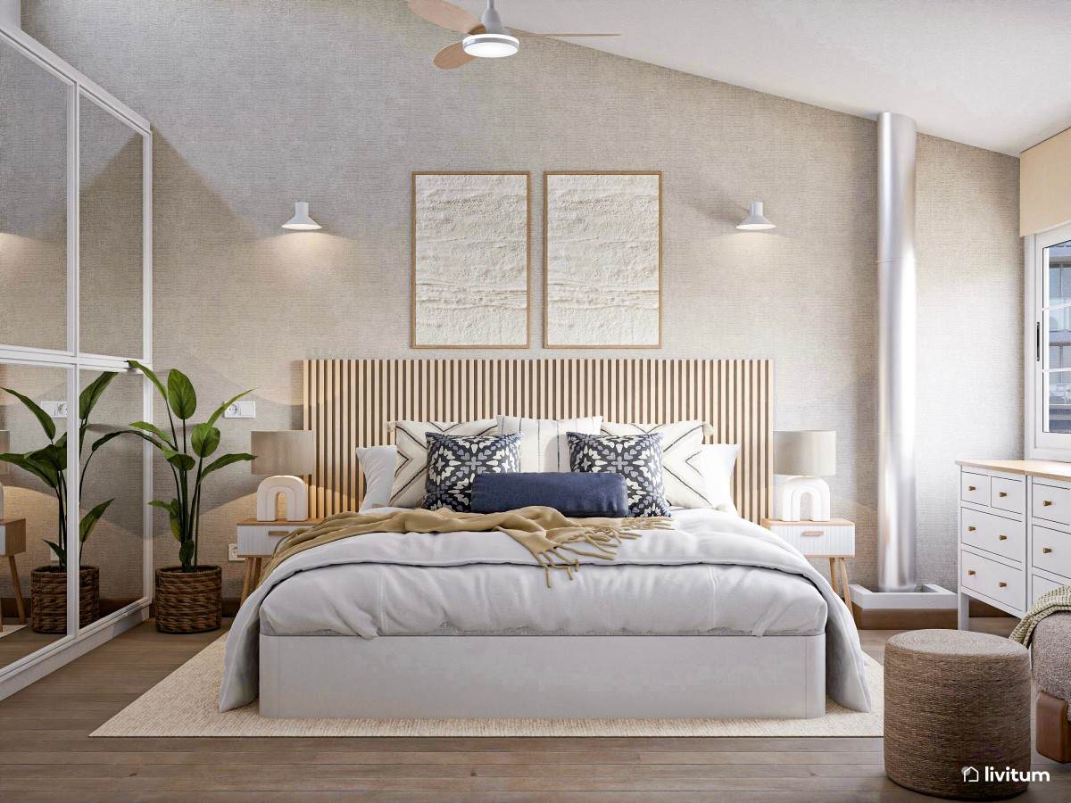 Dormitorio blanco con listones de madera y original sillón de borreguito