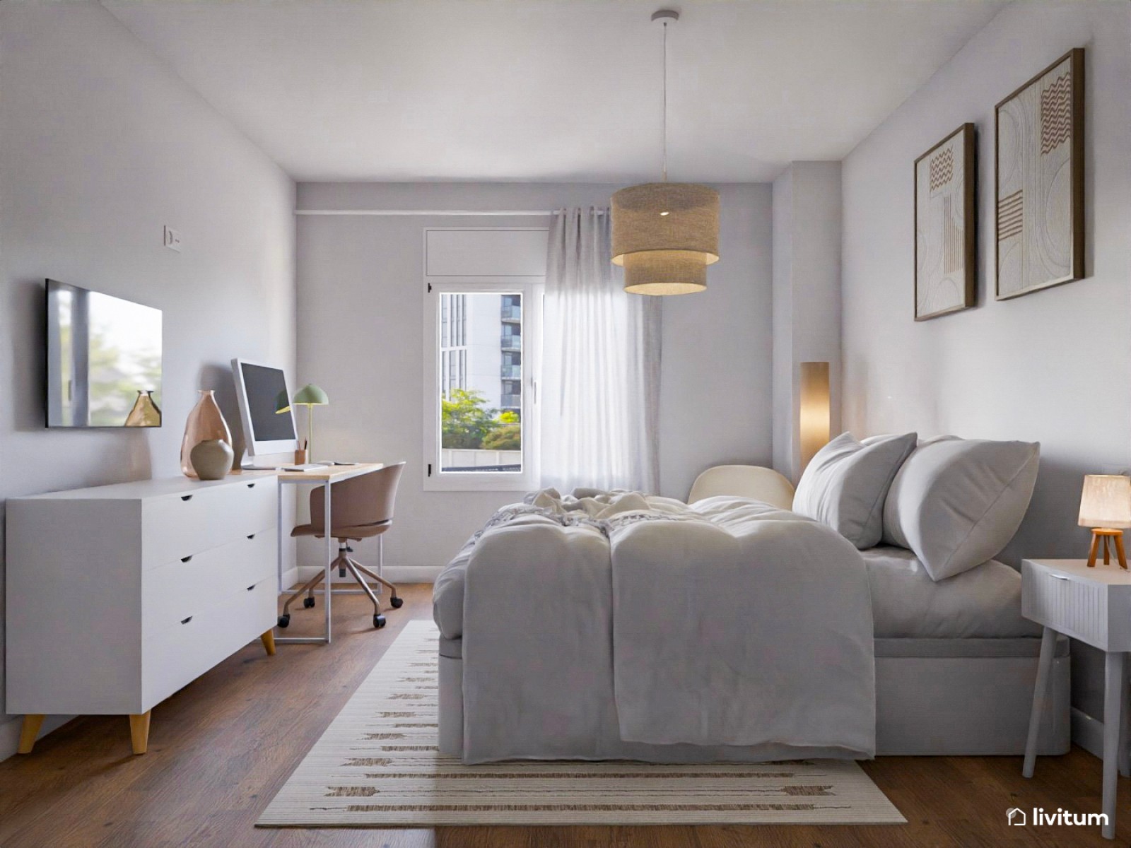 Dormitorio blanco de 14 m² con zona de escritorio