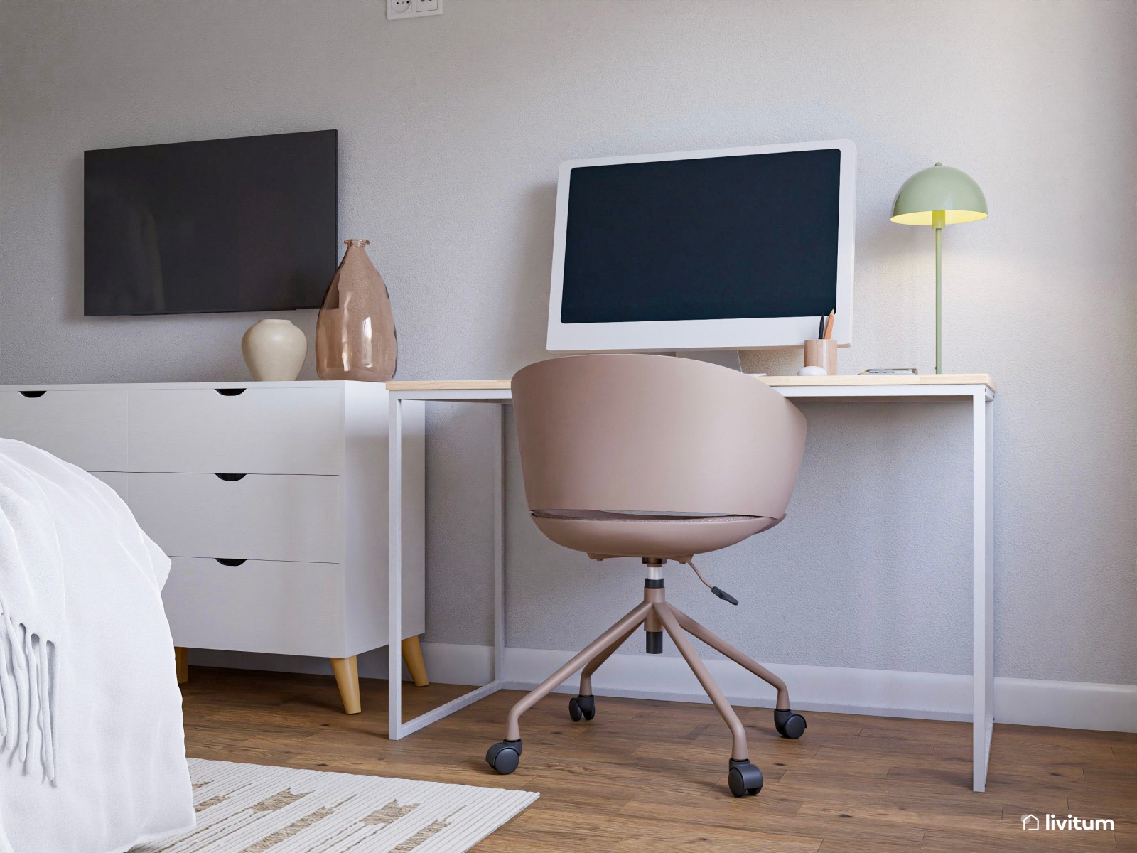 Dormitorio blanco de 14 m² con zona de escritorio