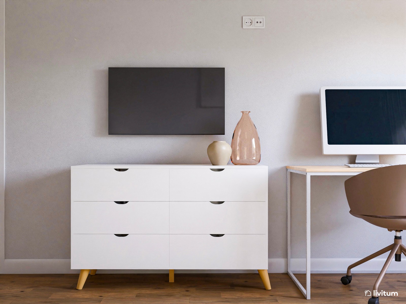 Dormitorio blanco de 14 m² con zona de escritorio