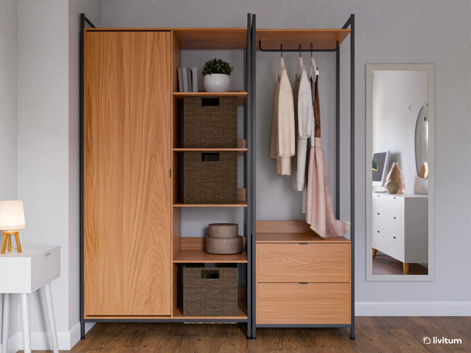 Dormitorio blanco de 14 m² con zona de escritorio