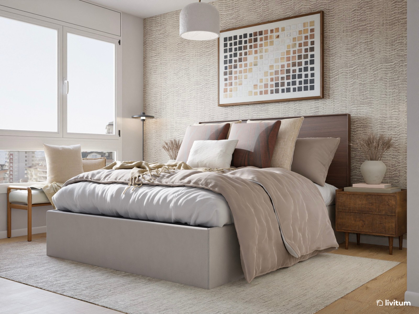 Dormitorio bohemio y elegante en tonos tierra con cabecero en nogal oscuro