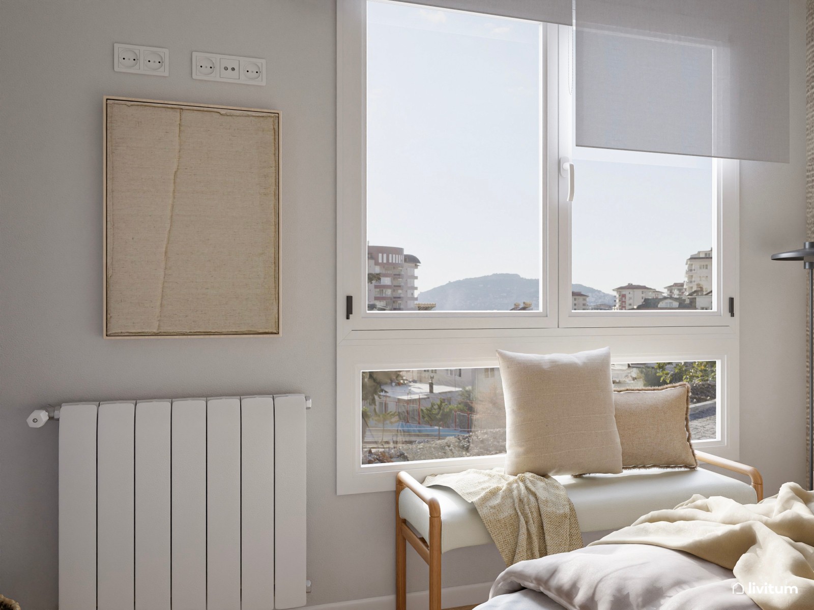 Dormitorio bohemio y elegante en tonos tierra con cabecero en nogal oscuro