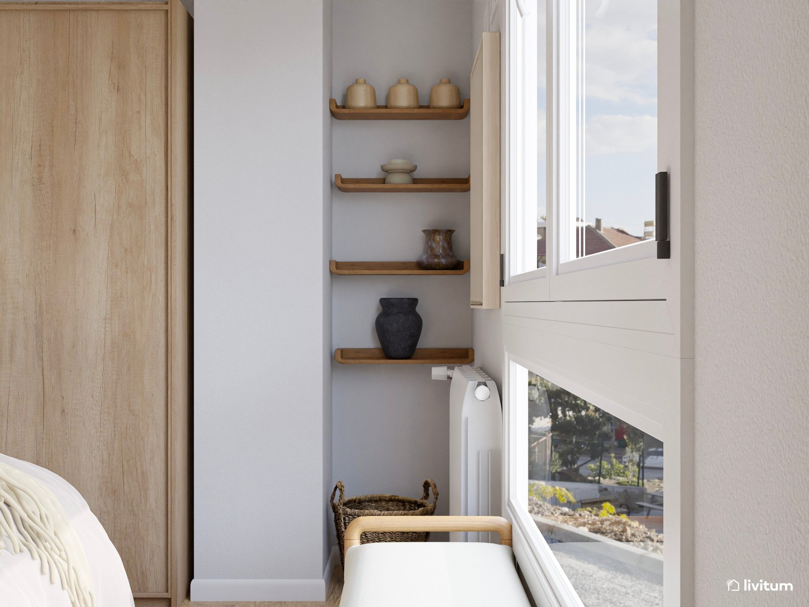 Dormitorio bohemio y elegante en tonos tierra con cabecero en nogal oscuro