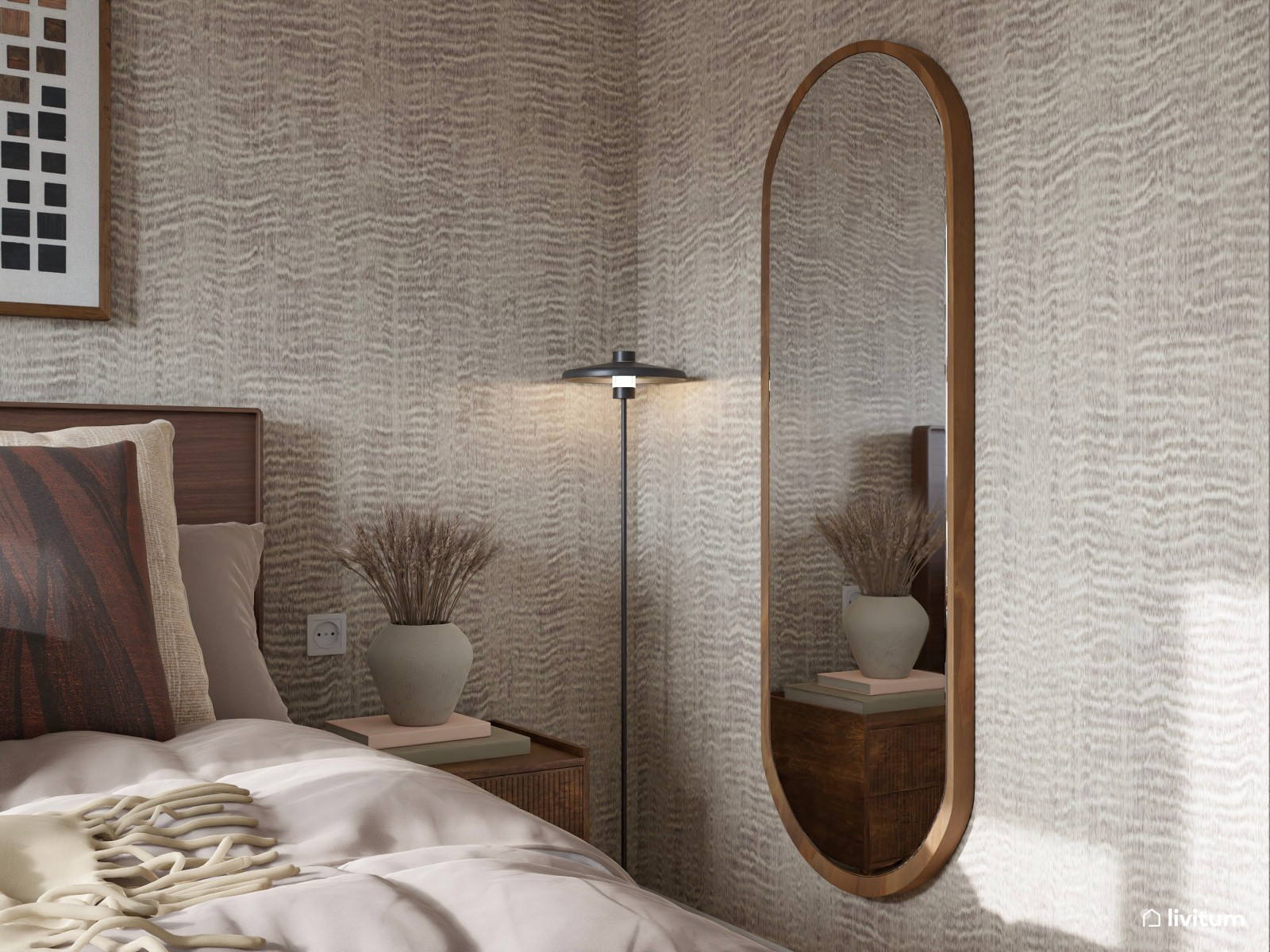 Dormitorio bohemio y elegante en tonos tierra con cabecero en nogal oscuro