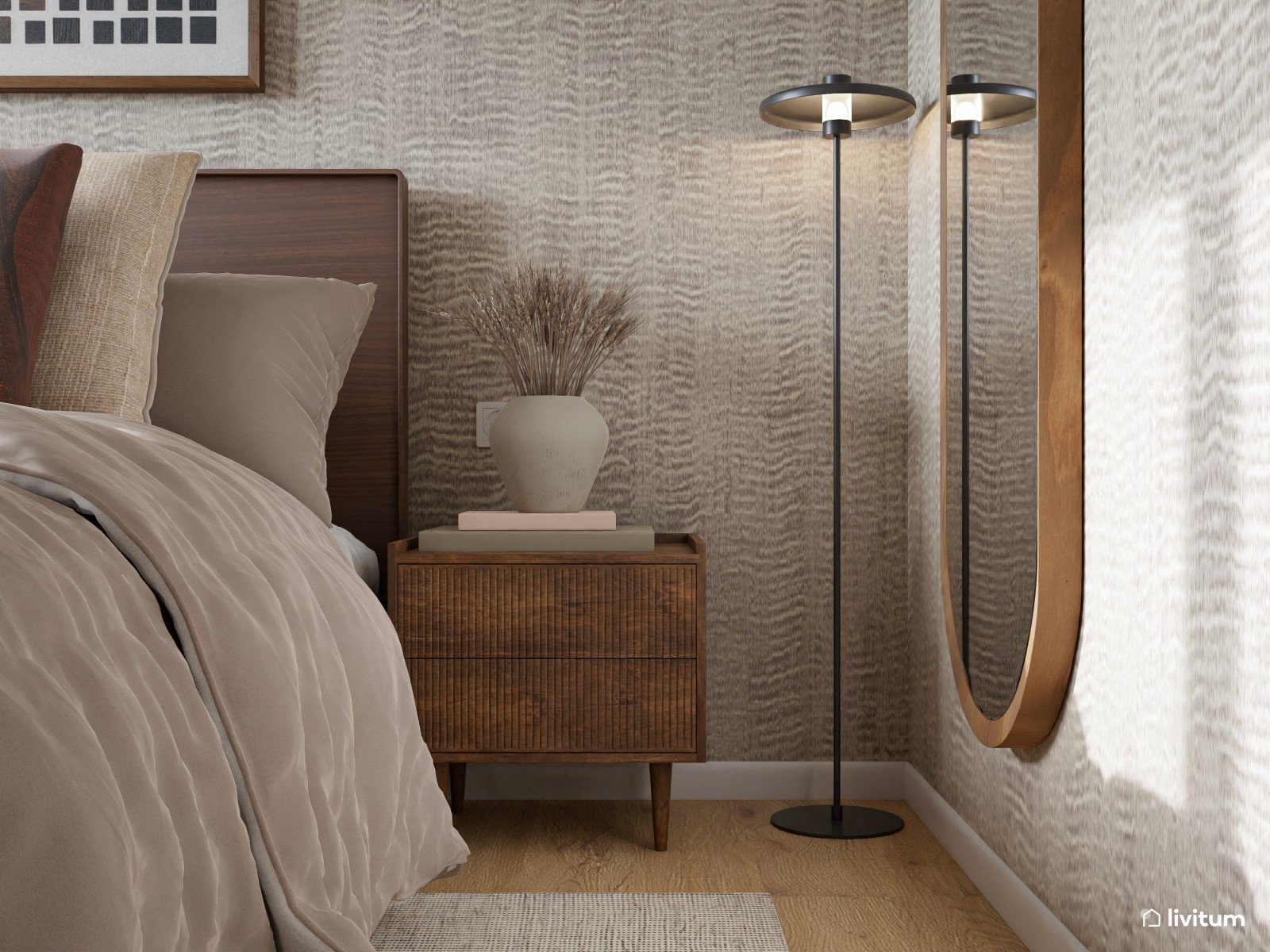 Dormitorio bohemio y elegante en tonos tierra con cabecero en nogal oscuro