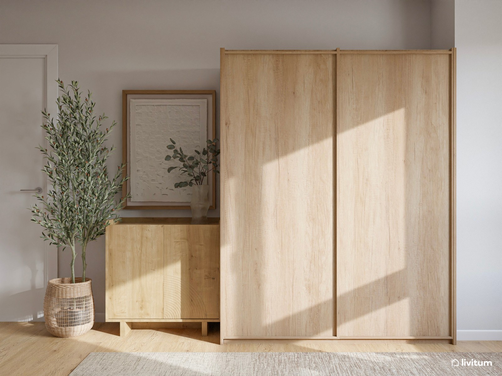 Dormitorio bohemio y elegante en tonos tierra con cabecero en nogal oscuro