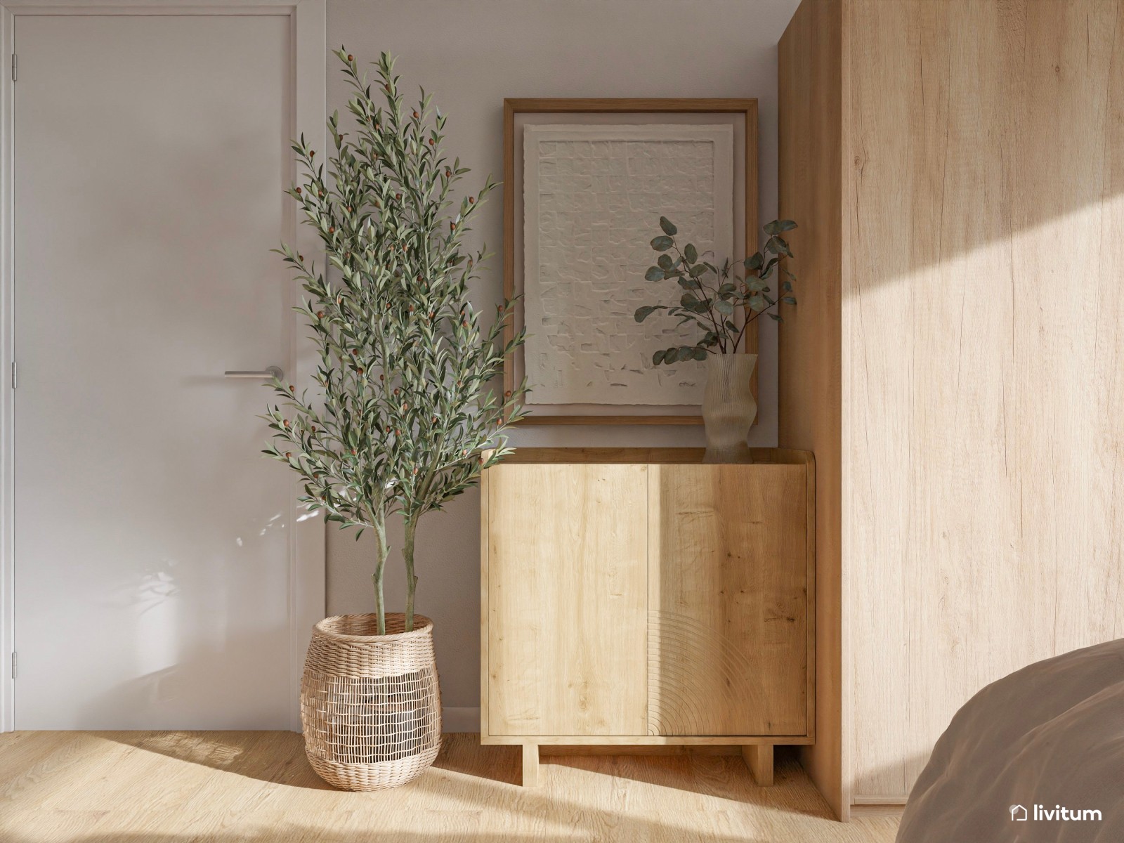 Dormitorio bohemio y elegante en tonos tierra con cabecero en nogal oscuro