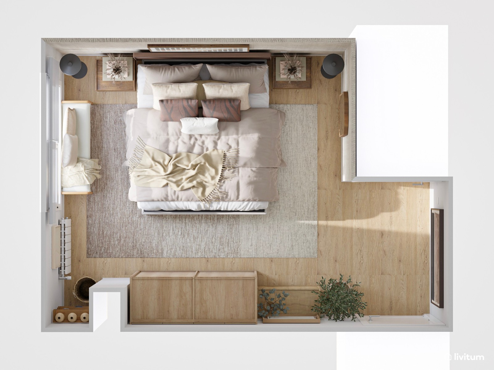 Dormitorio bohemio y elegante en tonos tierra con cabecero en nogal oscuro